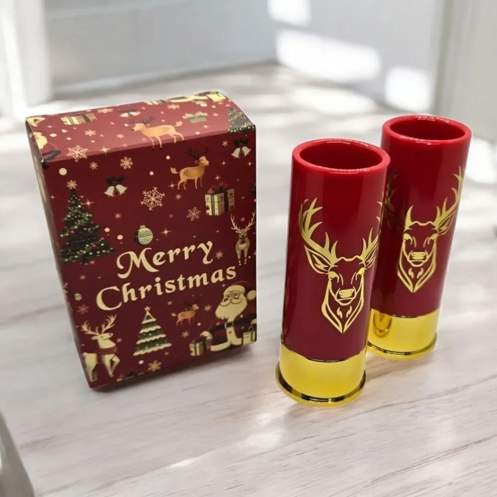 Gift Box Set 12 Gauge Shotgun Shell Red Shot Glasses Gold Deer Novelty Barware